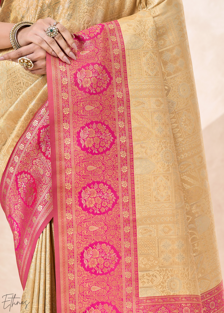 Magenta Pink Botanical Panel Woven Silk Saree