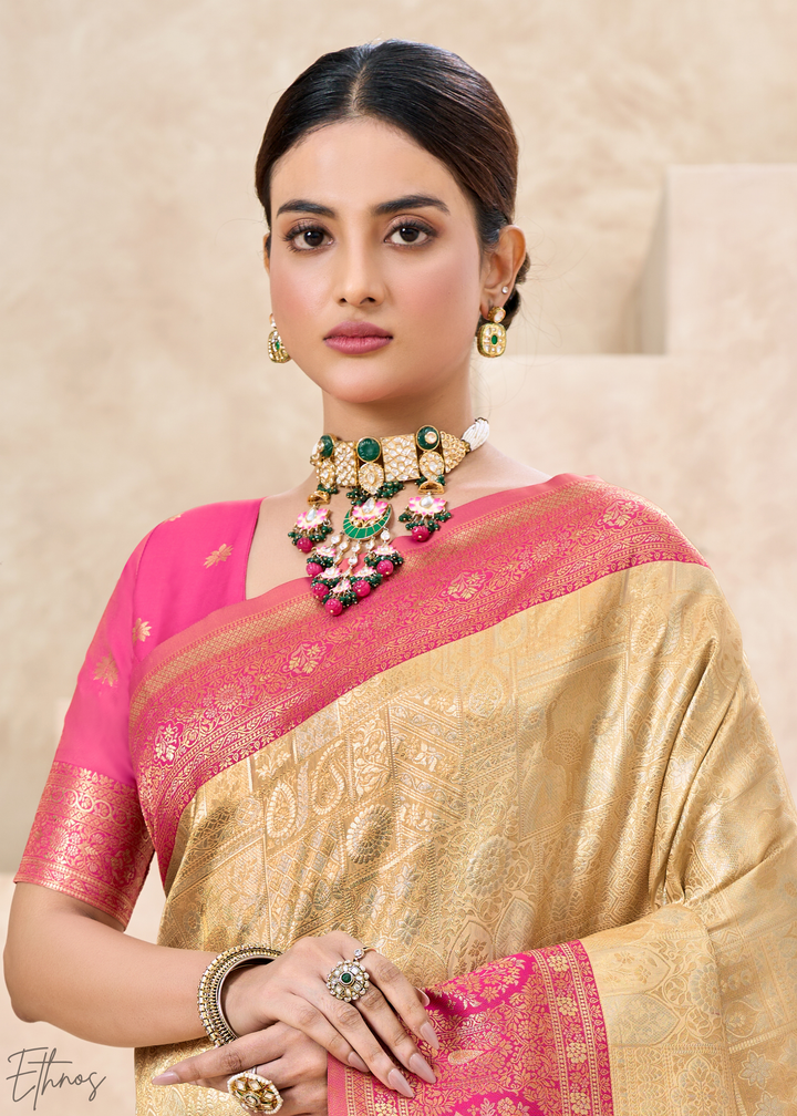 Magenta Pink Botanical Panel Woven Silk Saree