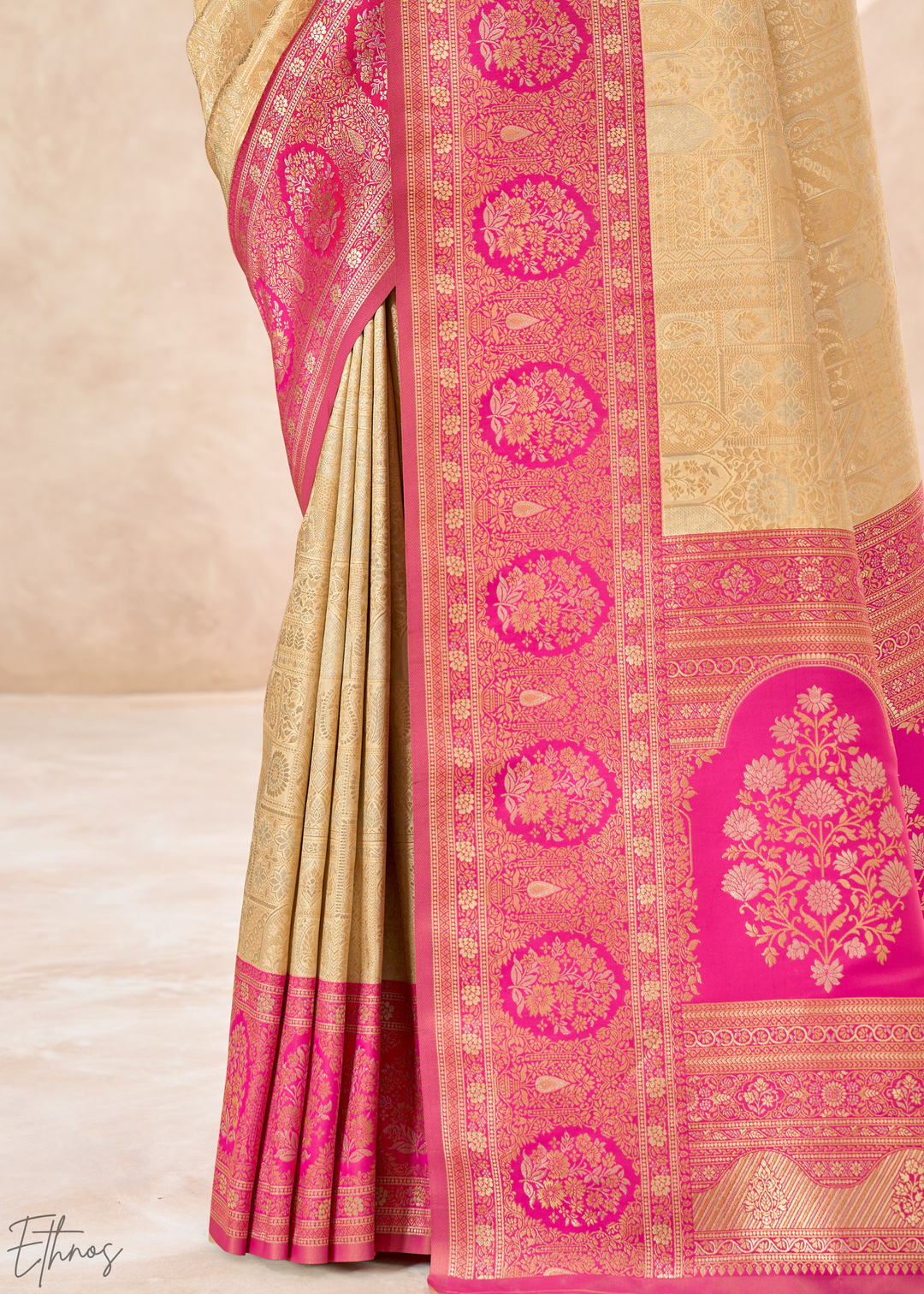 Magenta Pink Botanical Panel Woven Silk Saree
