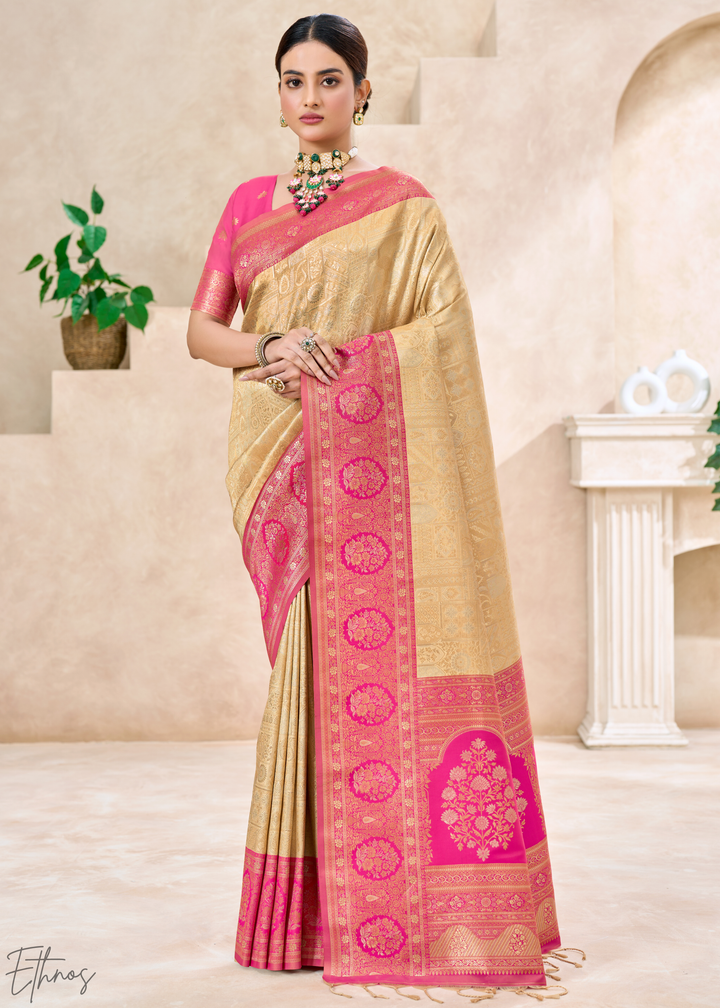 Magenta Pink Botanical Panel Woven Silk Saree