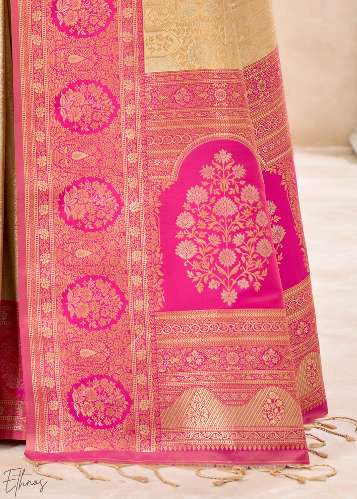 Magenta Pink Botanical Panel Woven Silk Saree