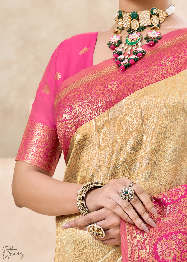 Magenta Pink Botanical Panel Woven Silk Saree