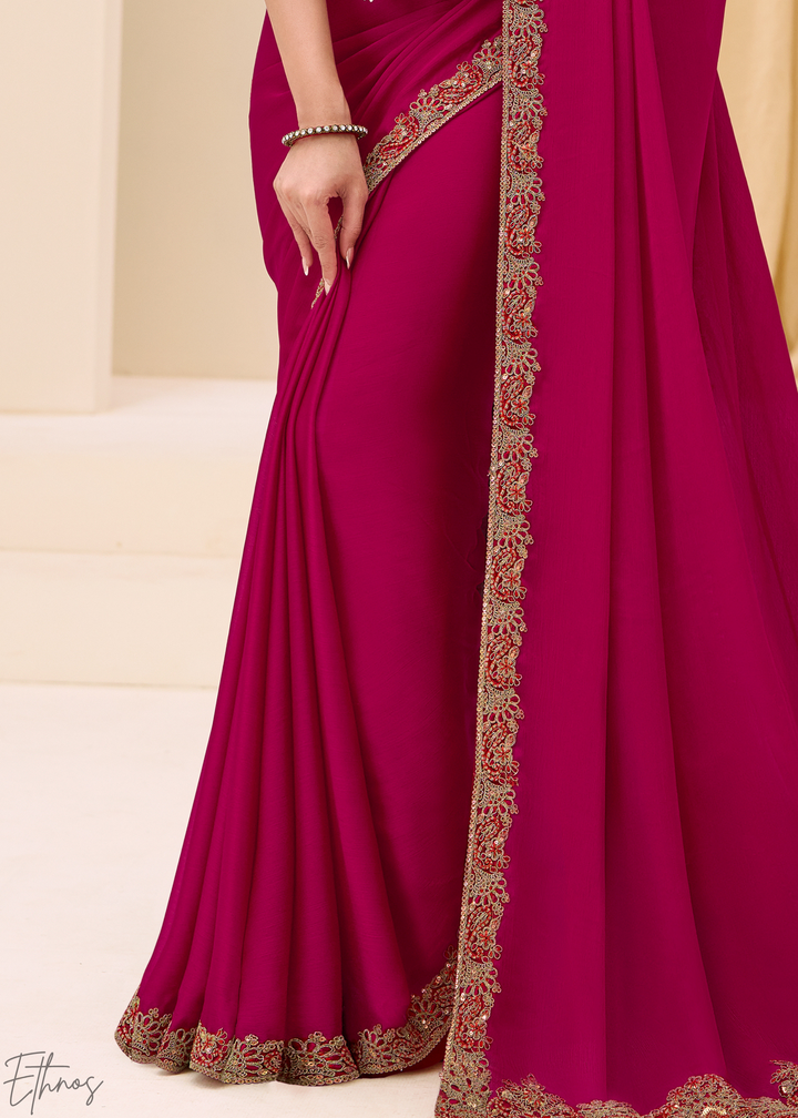 Magenta Pink Classic Border Satin Georgette Saree