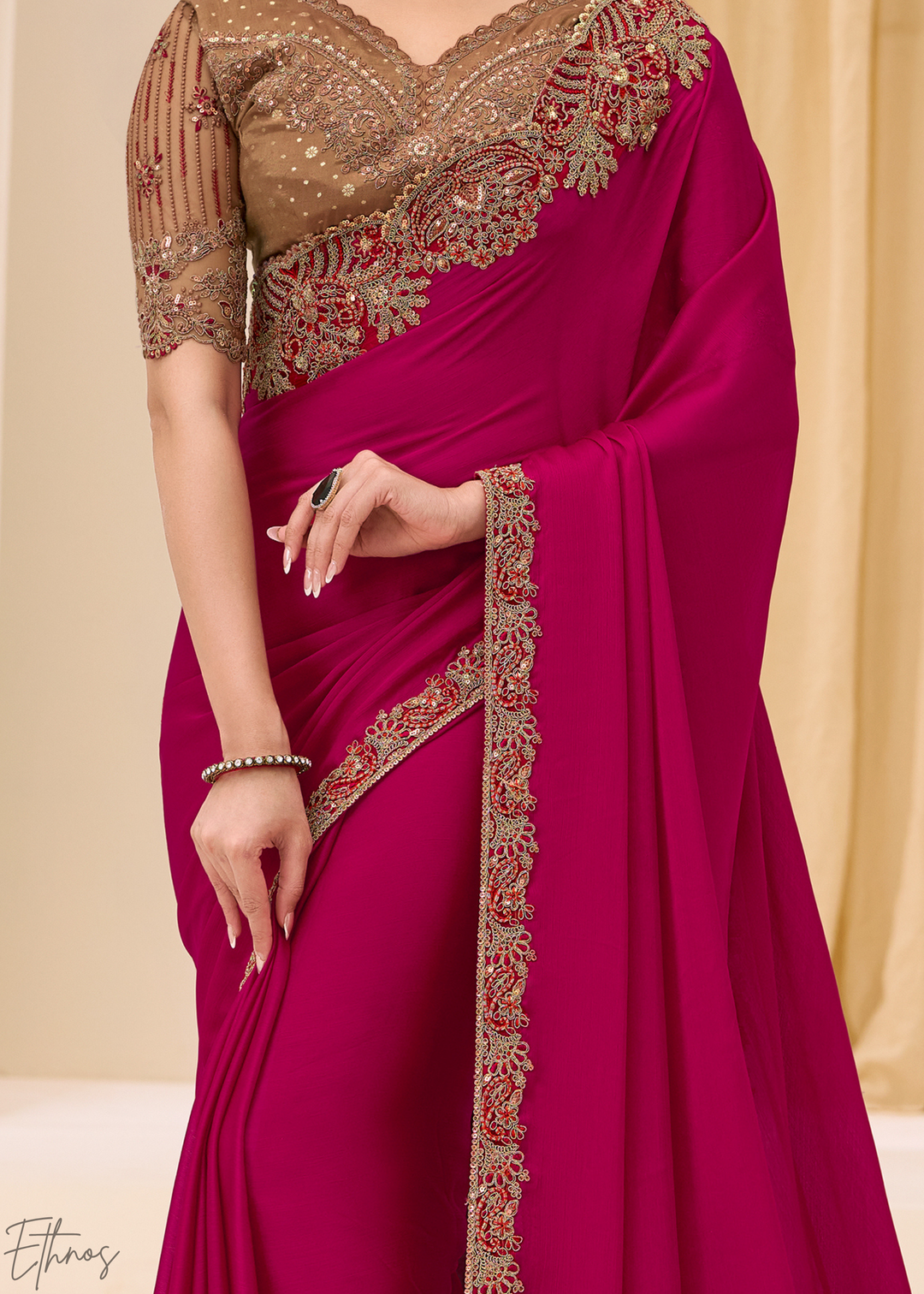 Magenta Pink Classic Border Satin Georgette Saree