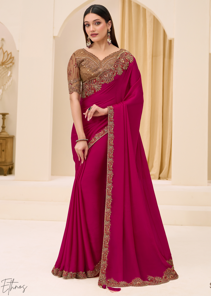 Magenta Pink Classic Border Satin Georgette Saree