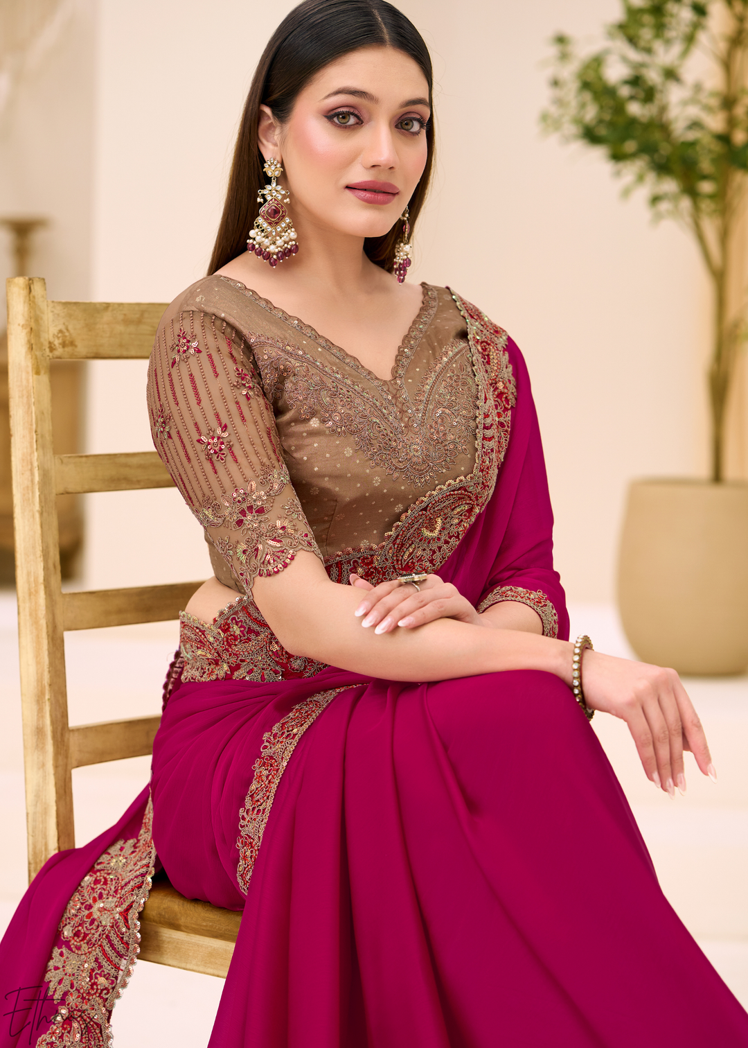 Magenta Pink Classic Border Satin Georgette Saree
