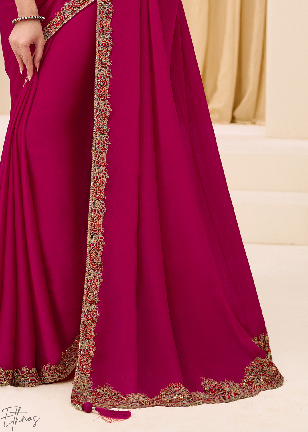 Magenta Pink Classic Border Satin Georgette Saree