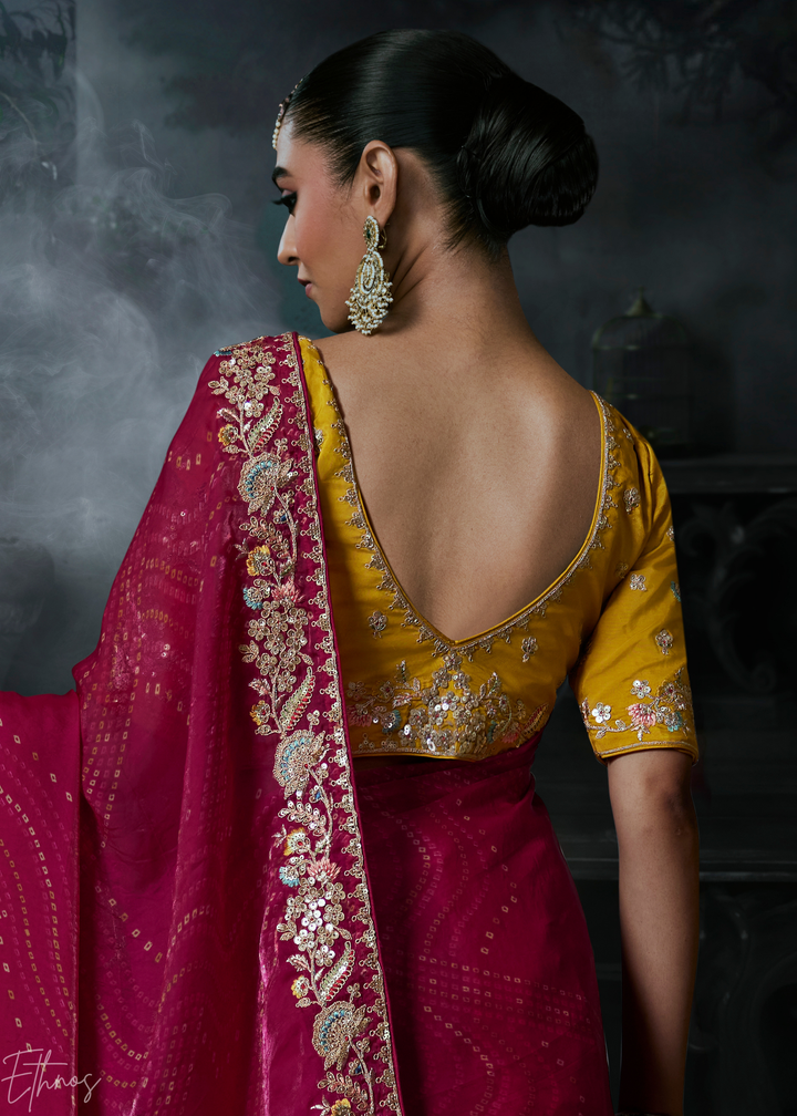 Magenta Pink Floral Embroidered Organza Silk Saree