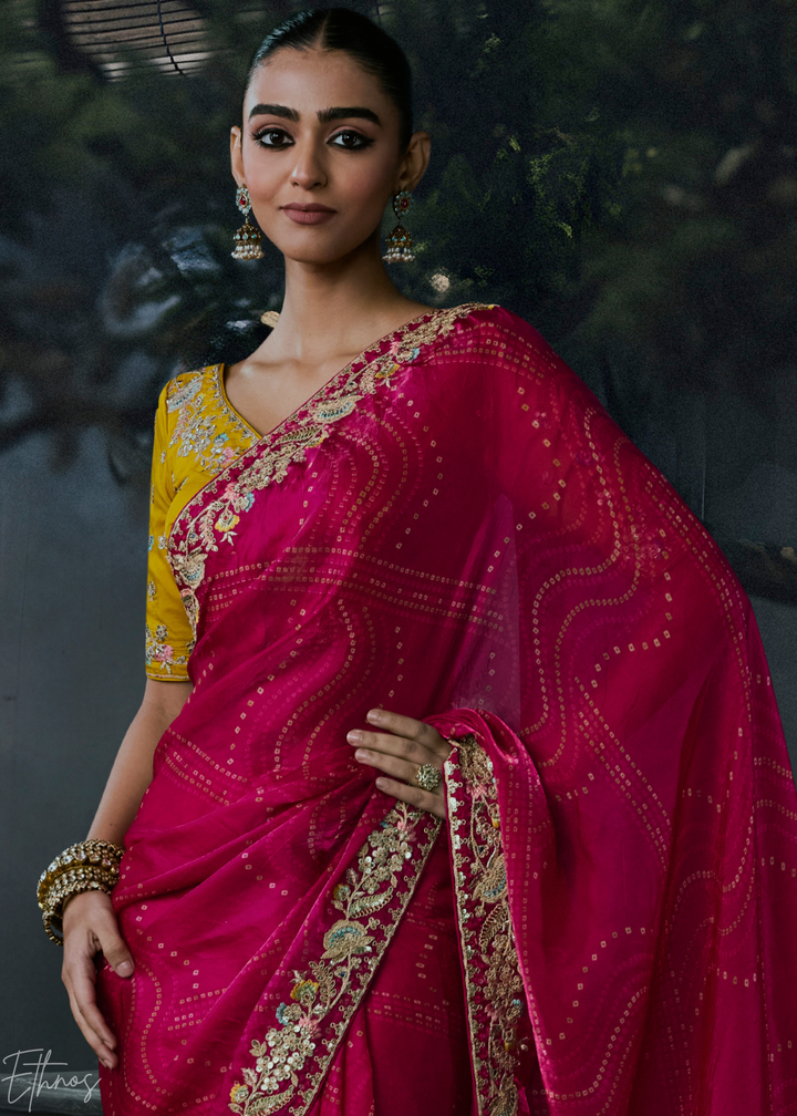 Magenta Pink Floral Embroidered Organza Silk Saree