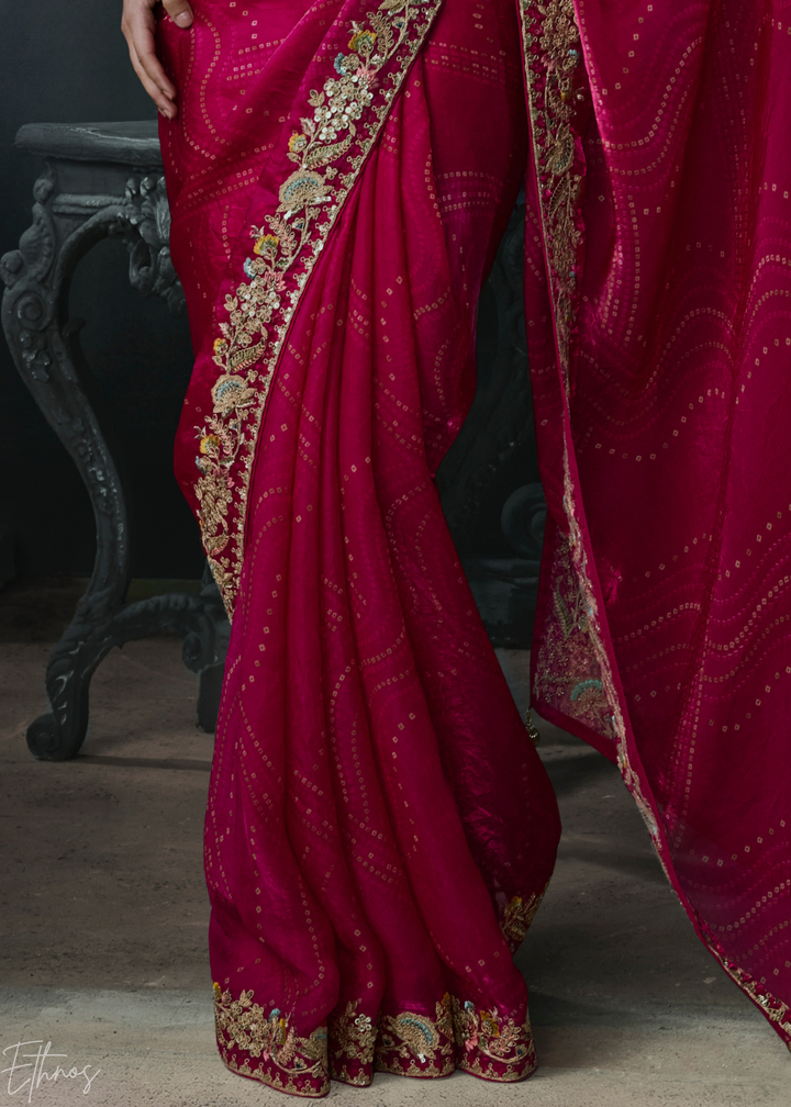 Magenta Pink Floral Embroidered Organza Silk Saree