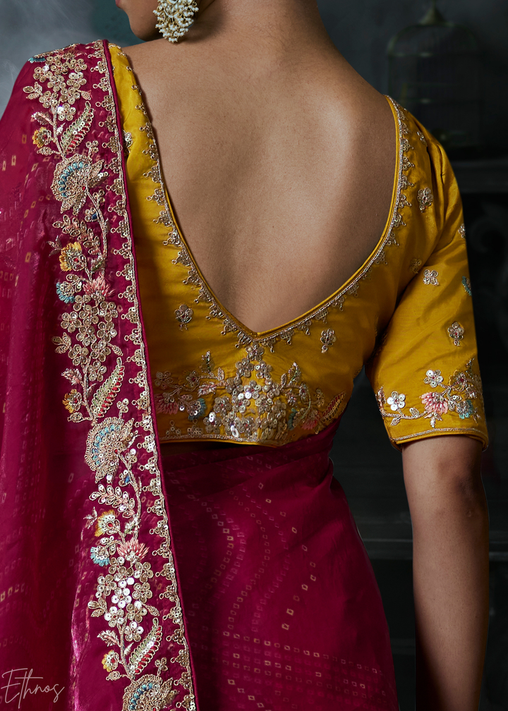 Magenta Pink Floral Embroidered Organza Silk Saree