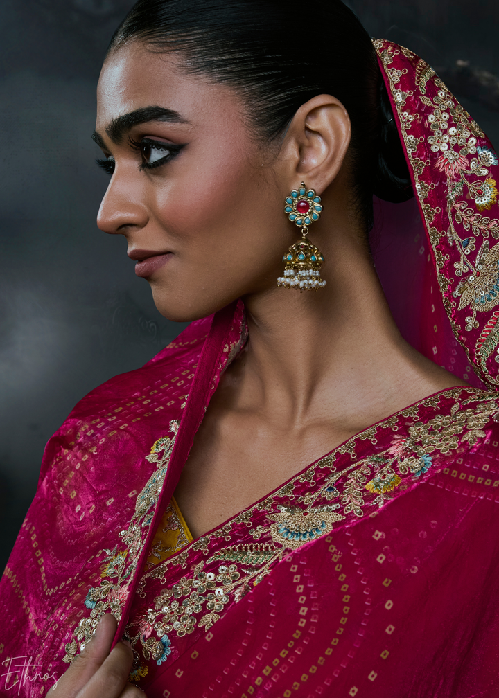 Magenta Pink Floral Embroidered Organza Silk Saree