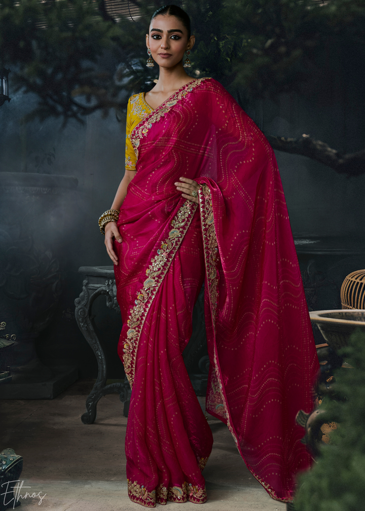 Magenta Pink Floral Embroidered Organza Silk Saree