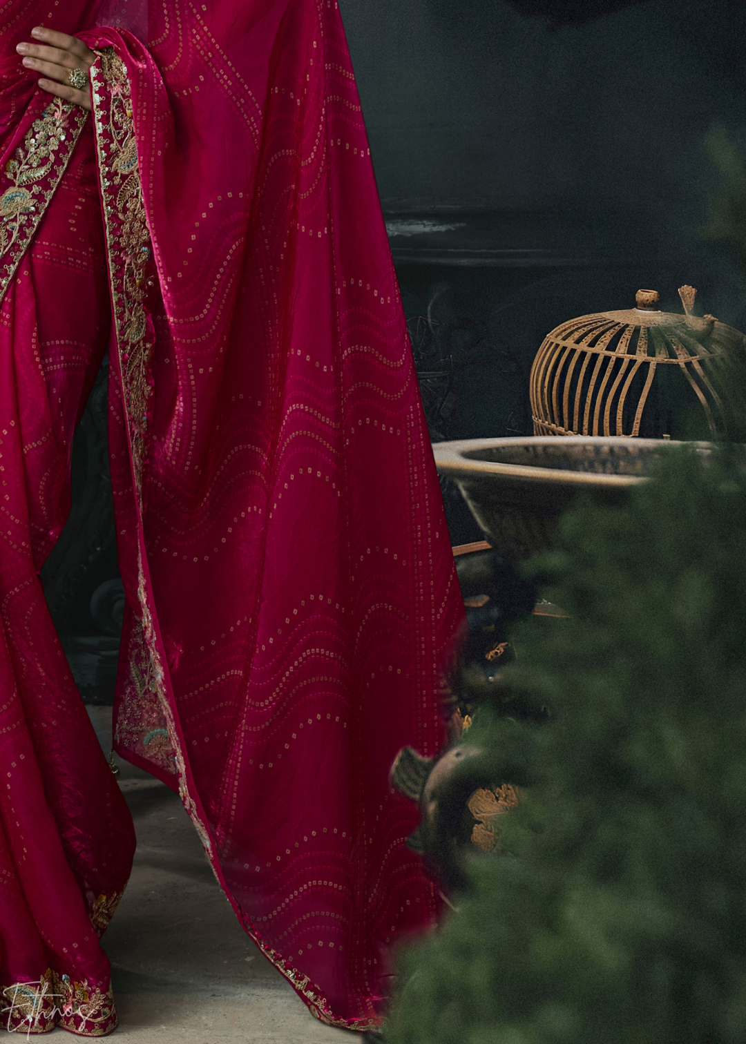 Magenta Pink Floral Embroidered Organza Silk Saree