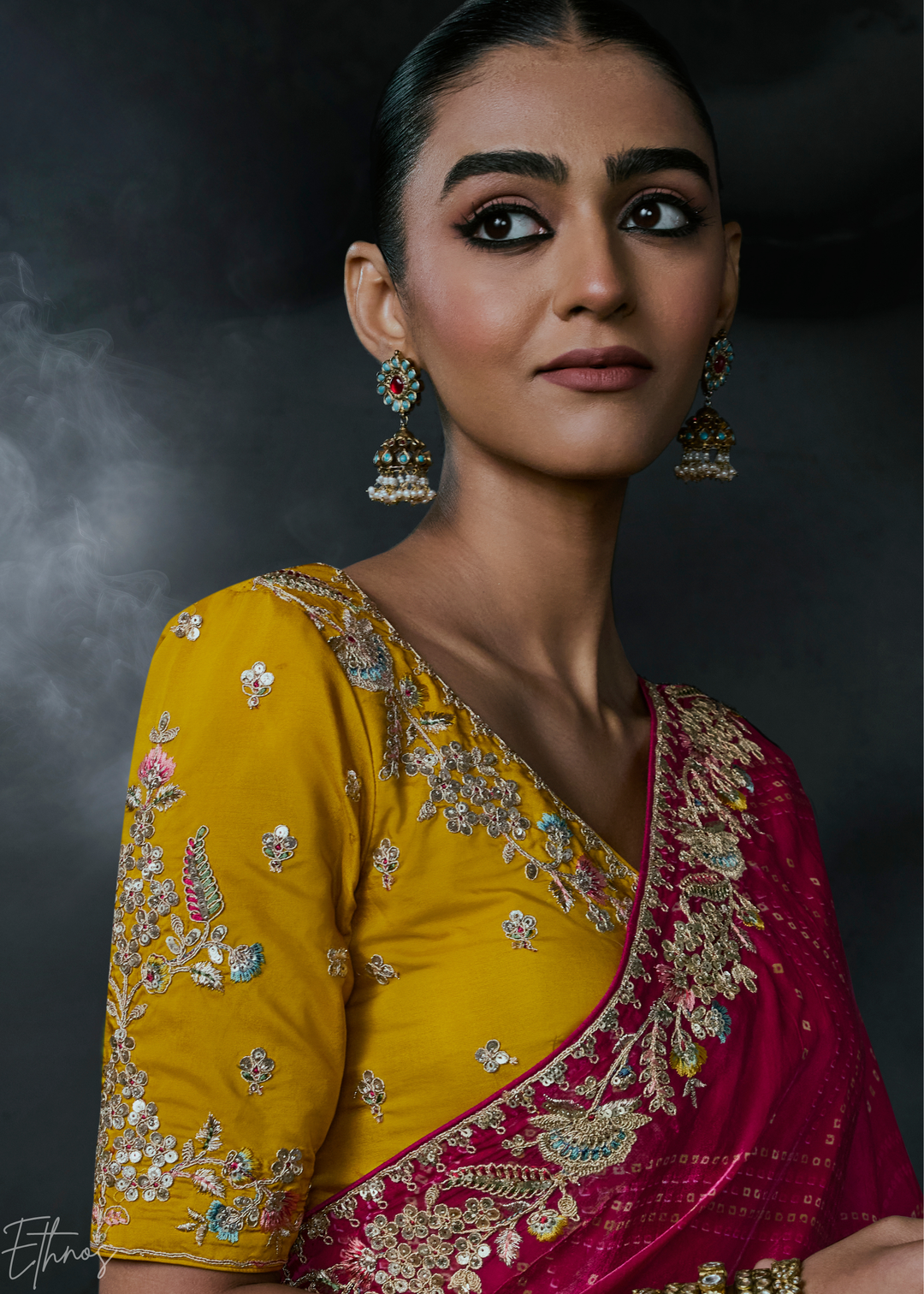 Magenta Pink Floral Embroidered Organza Silk Saree