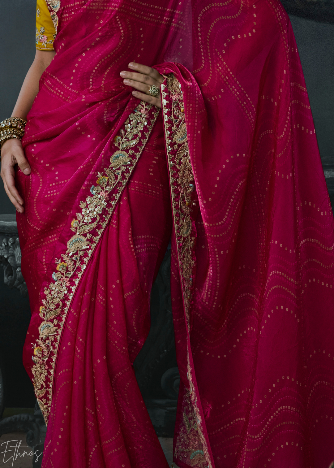 Magenta Pink Floral Embroidered Organza Silk Saree