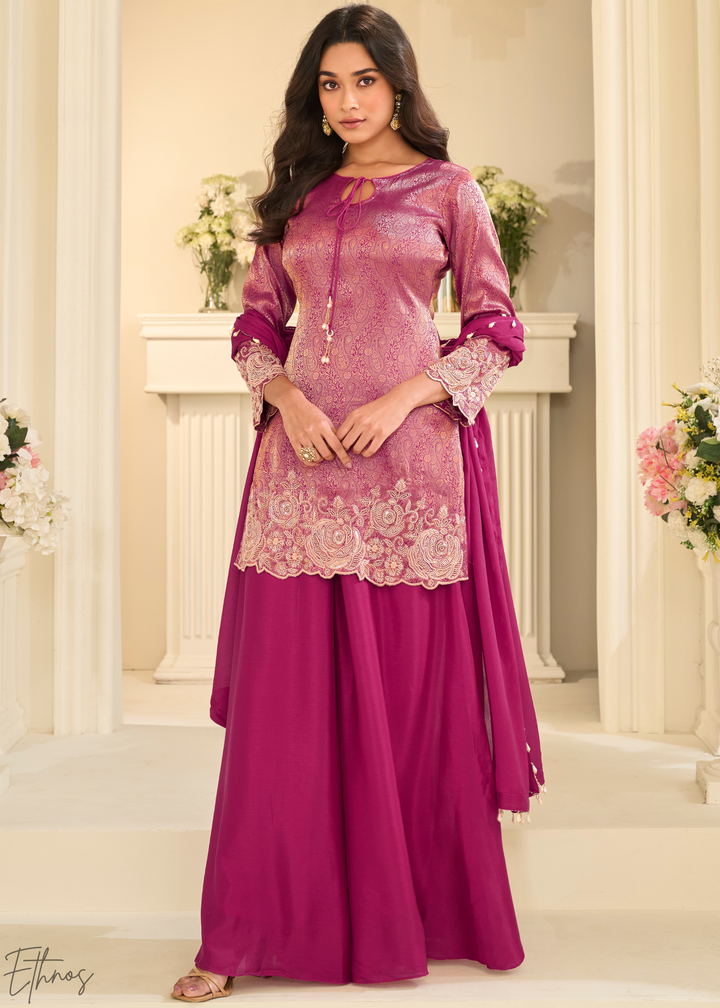 Magenta Pink Floral Embroidered Jacquard Silk Suit