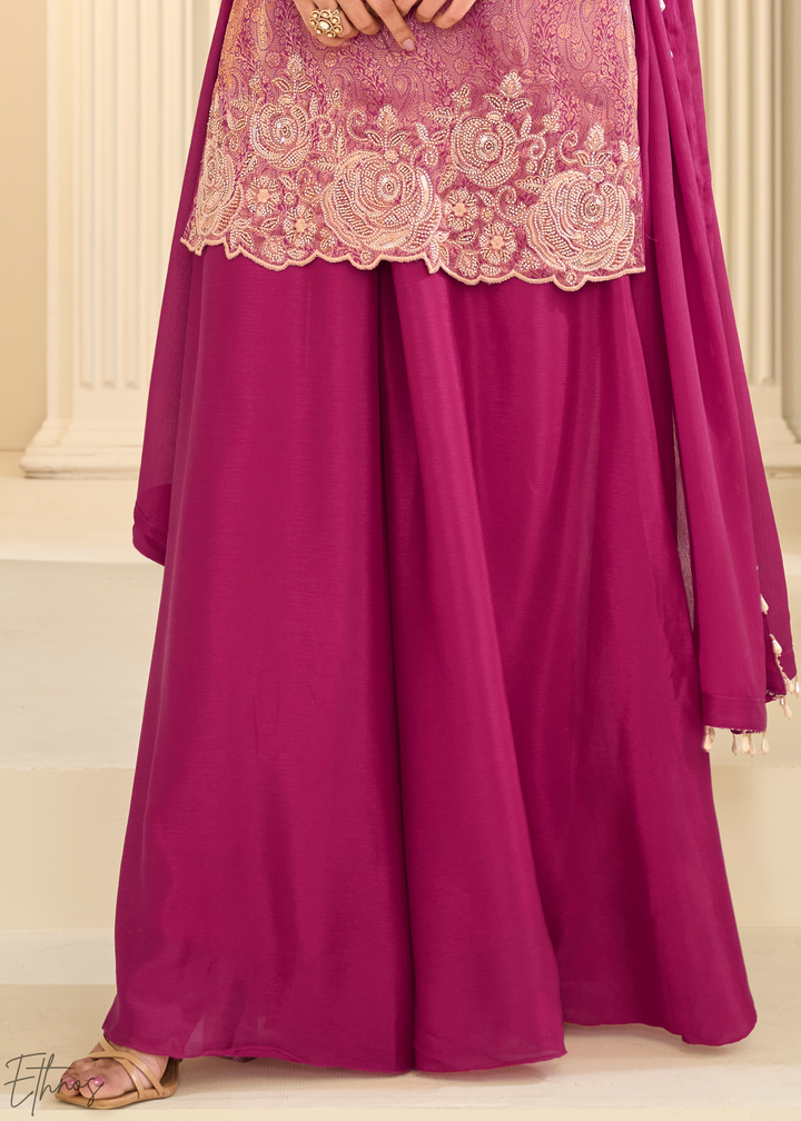 Magenta Pink Floral Embroidered Jacquard Silk Suit