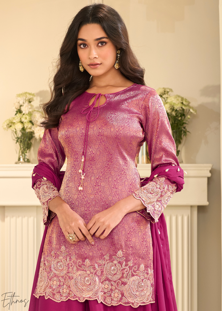 Magenta Pink Floral Embroidered Jacquard Silk Suit
