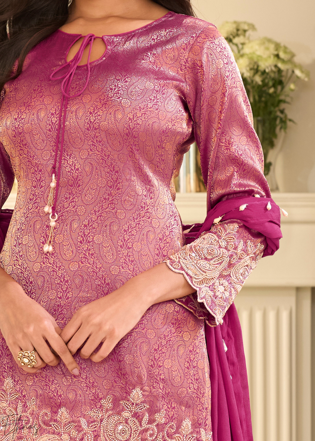 Magenta Pink Floral Embroidered Jacquard Silk Suit