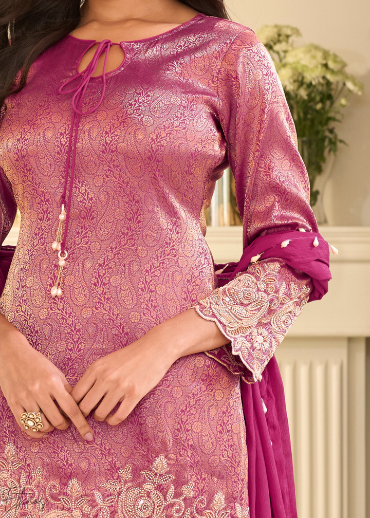 Magenta Pink Floral Embroidered Jacquard Silk Suit