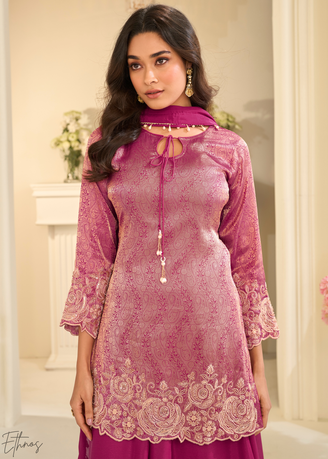 Magenta Pink Floral Embroidered Jacquard Silk Suit