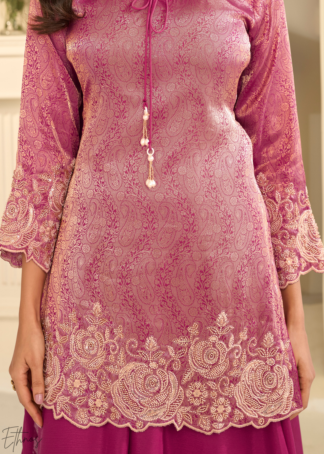 Magenta Pink Floral Embroidered Jacquard Silk Suit