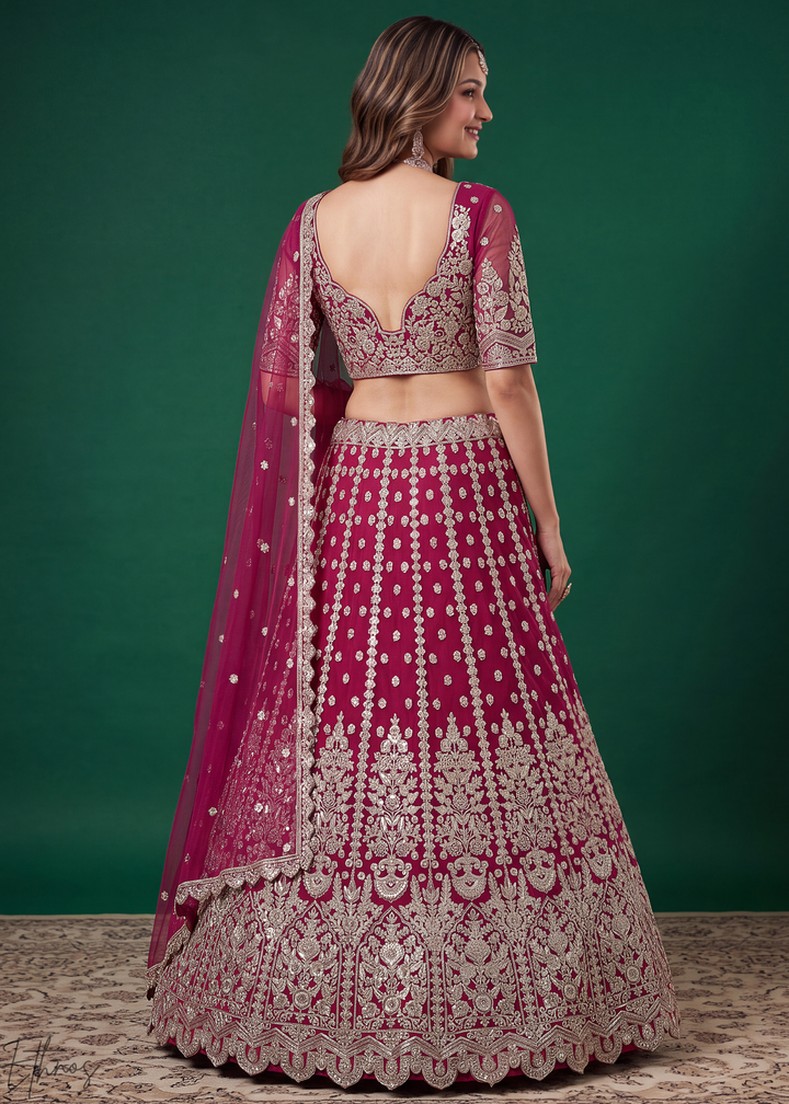 Magenta Pink Heavy Floral Embroidered Net Lehenga