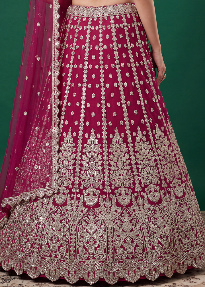 Magenta Pink Heavy Floral Embroidered Net Lehenga
