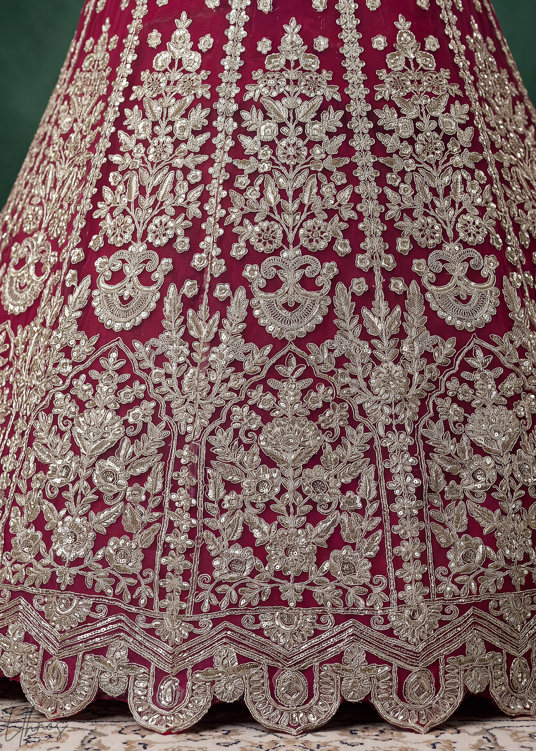 Magenta Pink Heavy Floral Embroidered Net Lehenga