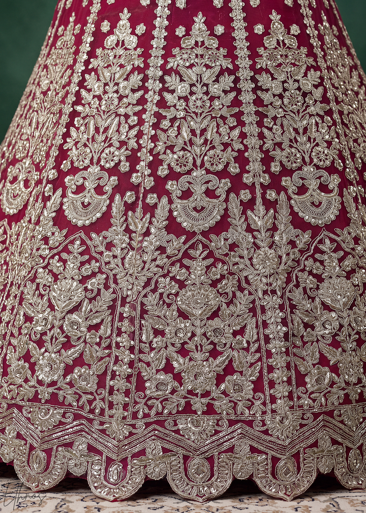 Magenta Pink Heavy Floral Embroidered Net Lehenga