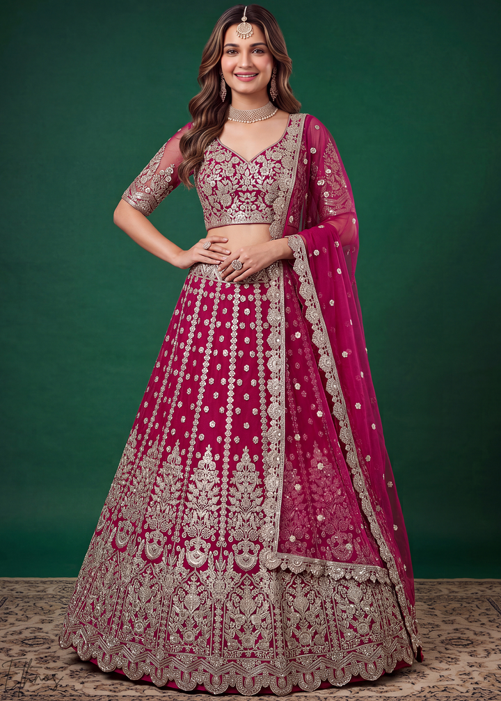 Magenta Pink Heavy Floral Embroidered Net Lehenga
