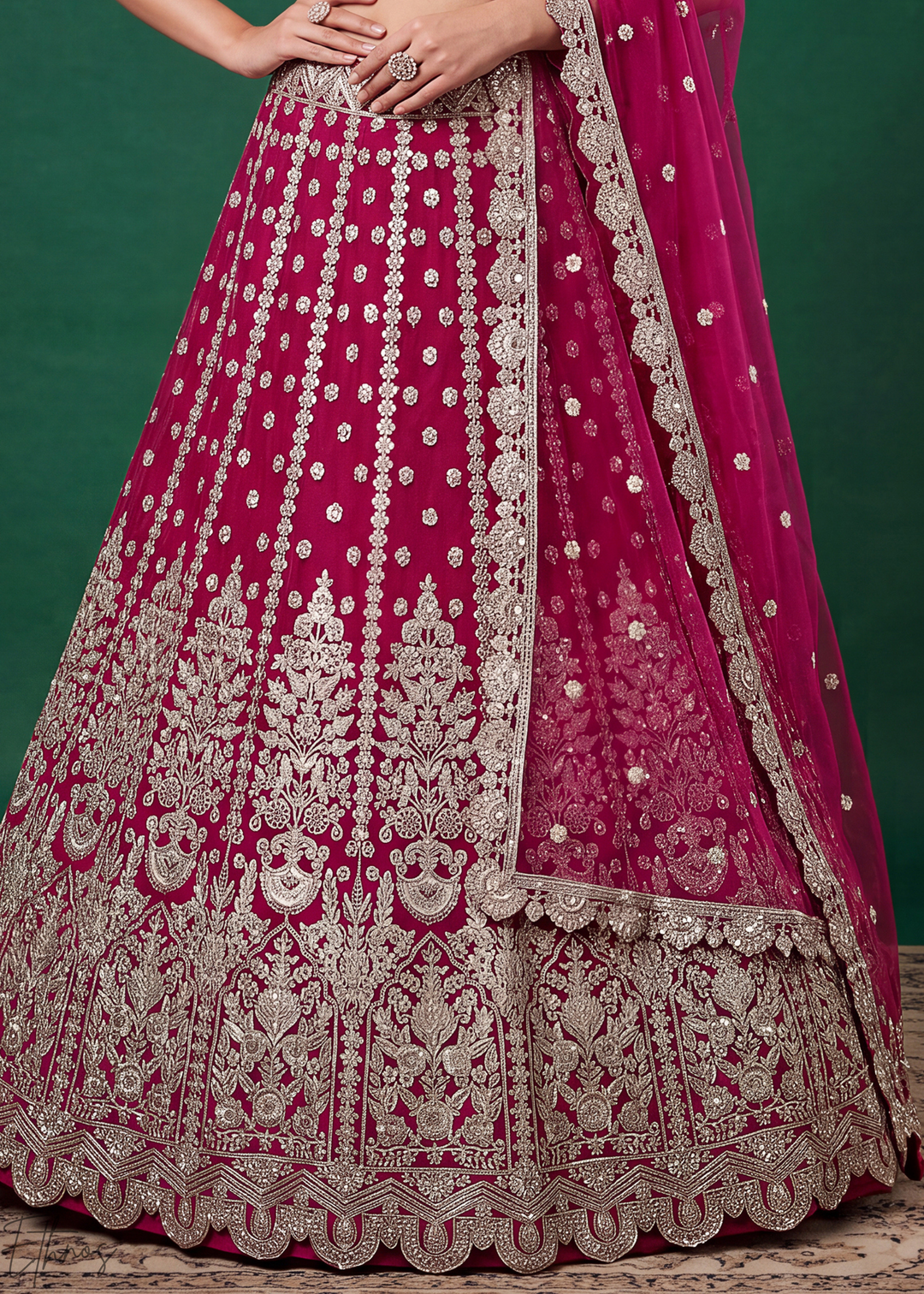 Magenta Pink Heavy Floral Embroidered Net Lehenga