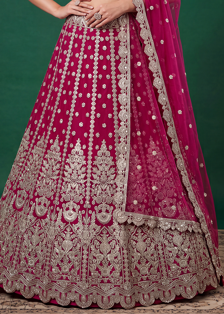 Magenta Pink Heavy Floral Embroidered Net Lehenga