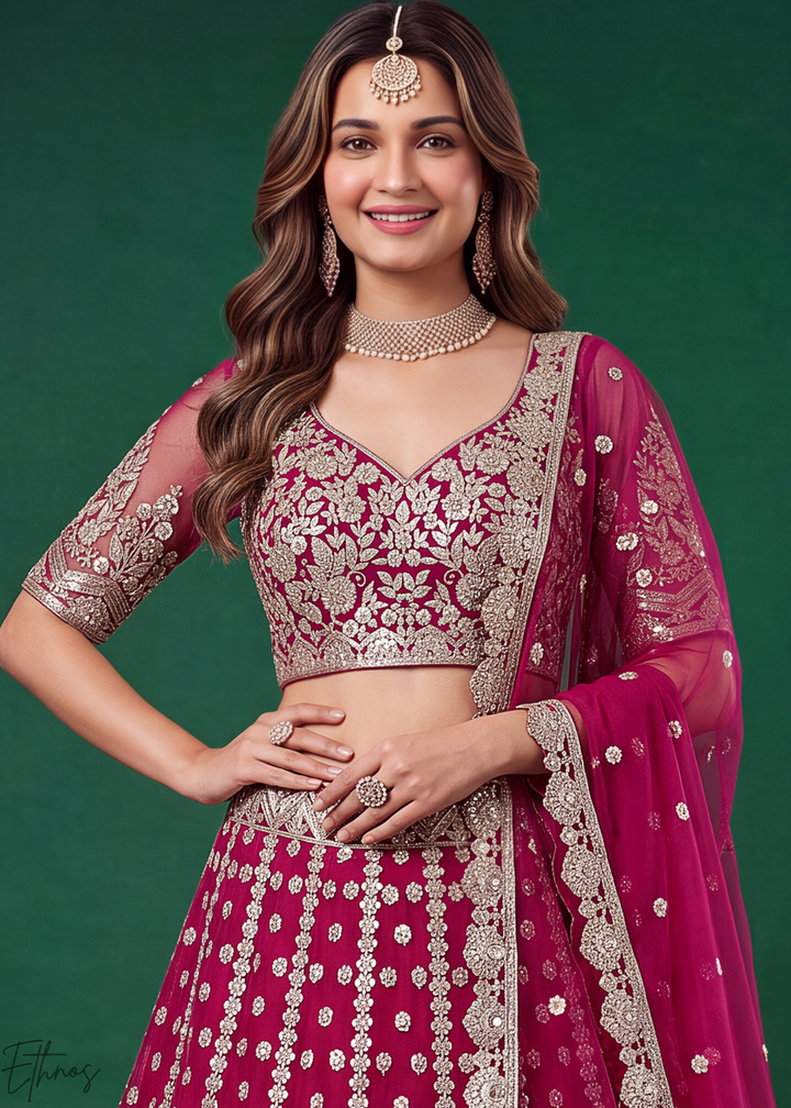 Magenta Pink Heavy Floral Embroidered Net Lehenga
