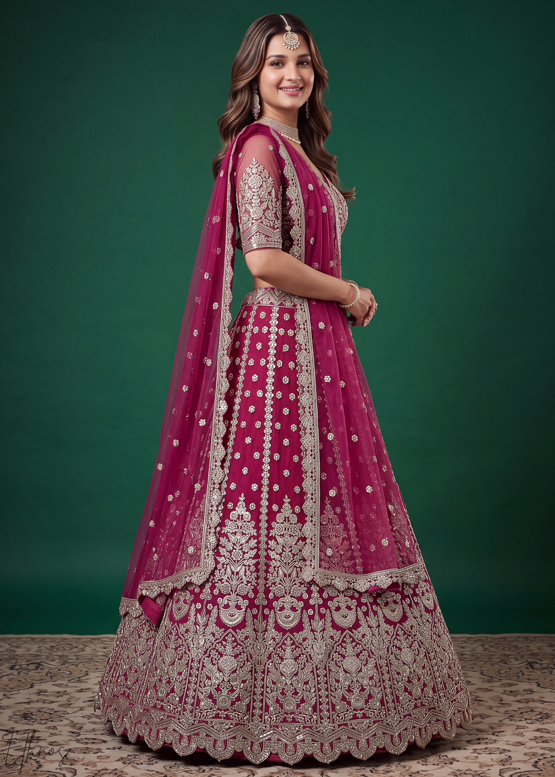 Magenta Pink Heavy Floral Embroidered Net Lehenga