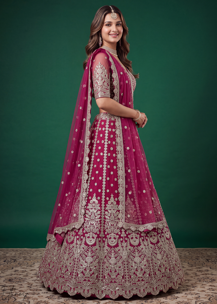 Magenta Pink Heavy Floral Embroidered Net Lehenga