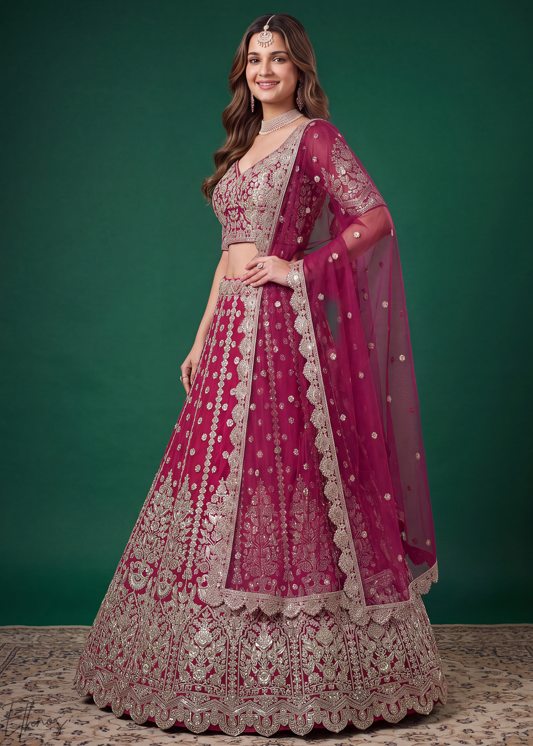 Magenta Pink Heavy Floral Embroidered Net Lehenga