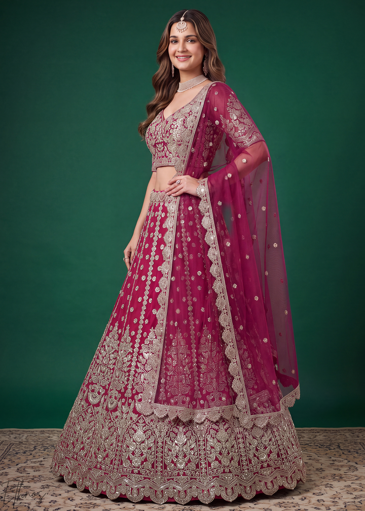 Magenta Pink Heavy Floral Embroidered Net Lehenga