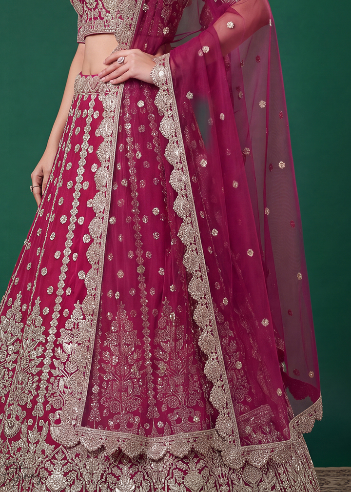 Magenta Pink Heavy Floral Embroidered Net Lehenga