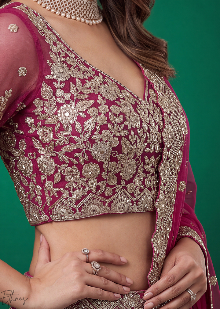 Magenta Pink Heavy Floral Embroidered Net Lehenga