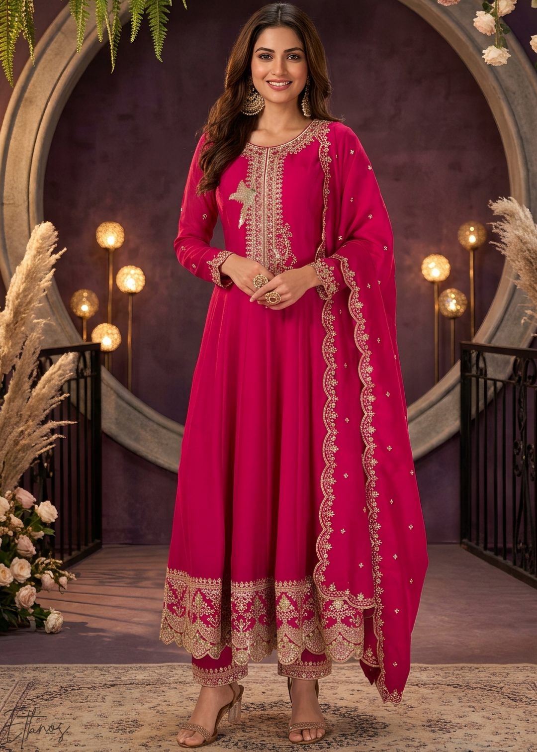 Magenta Pink Neckline Border Embroidered Silk Anarkali Suit Set