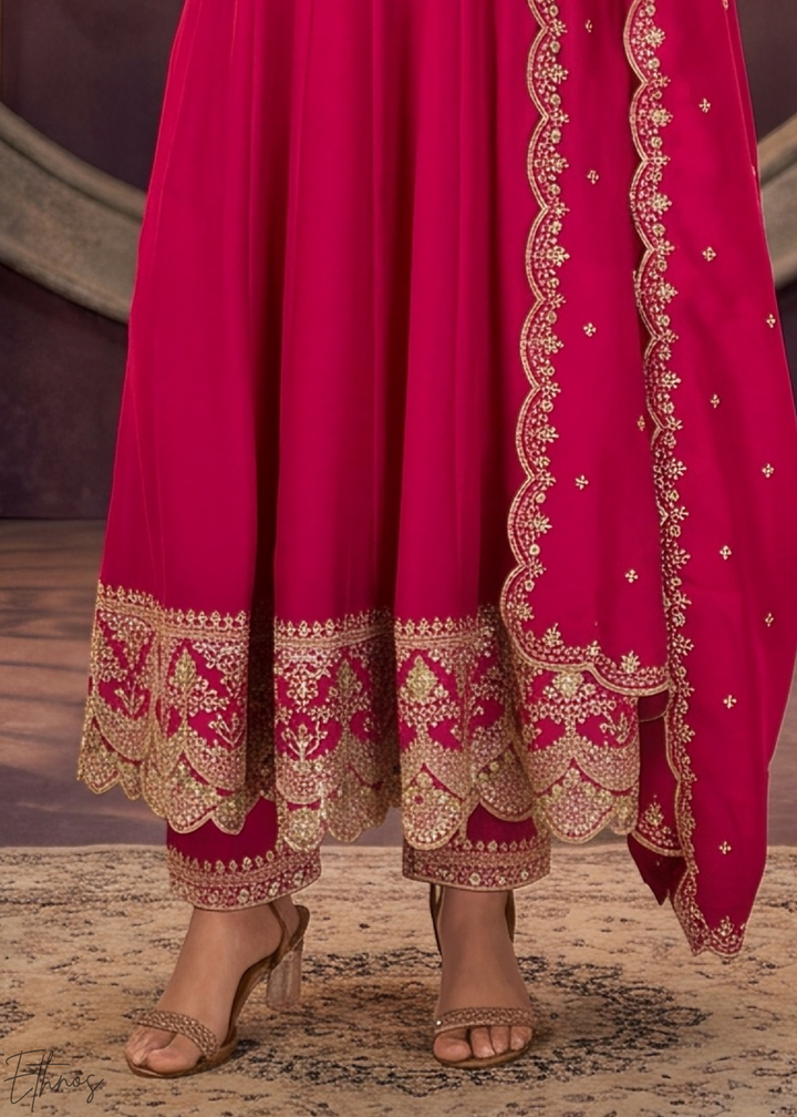 Magenta Pink Neckline Border Embroidered Silk Anarkali Suit Set