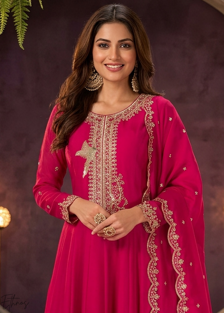 Magenta Pink Neckline Border Embroidered Silk Anarkali Suit Set