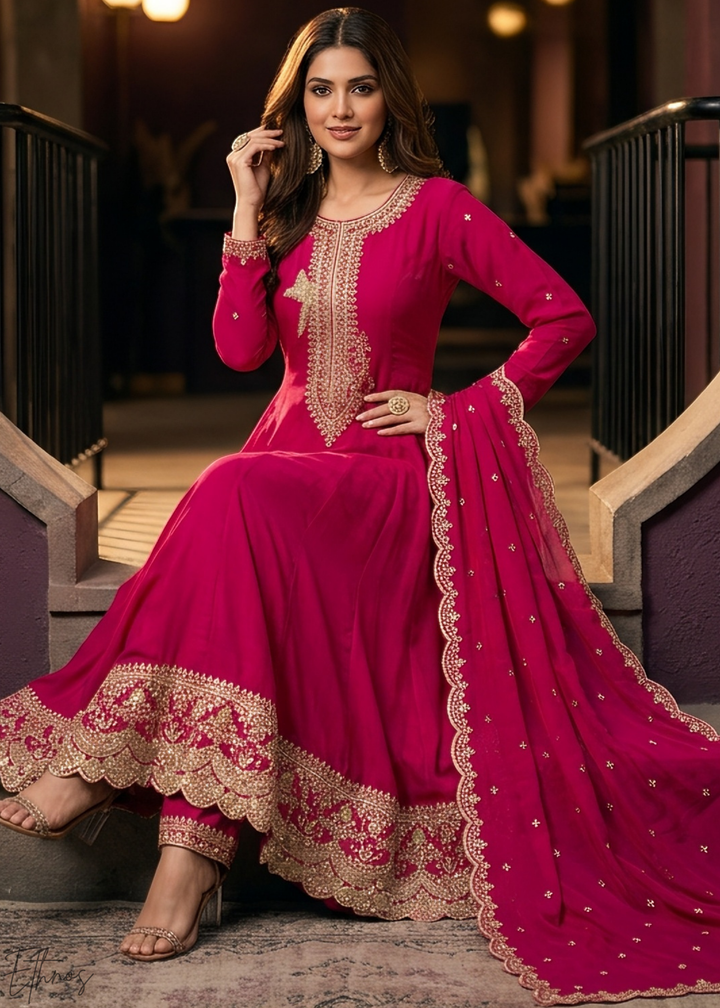 Magenta Pink Neckline Border Embroidered Silk Anarkali Suit Set