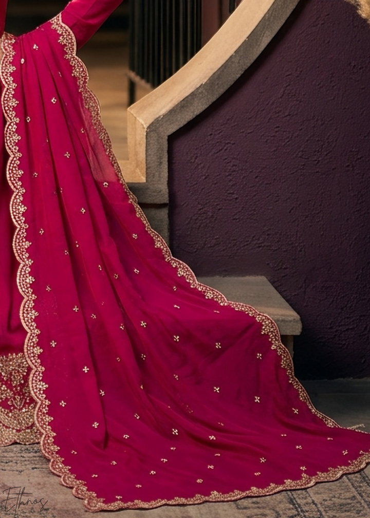 Magenta Pink Neckline Border Embroidered Silk Anarkali Suit Set