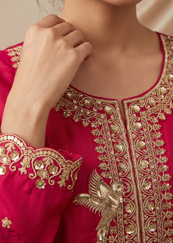 Magenta Pink Neckline Border Embroidered Silk Anarkali Suit Set