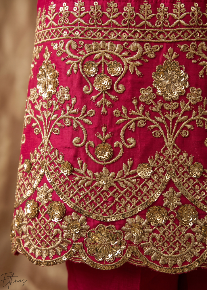 Magenta Pink Neckline Border Embroidered Silk Anarkali Suit Set