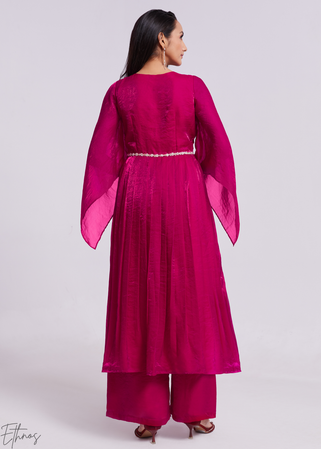 Magenta Pink Organza V-Neck Cape Sleeve Pant Suit Set