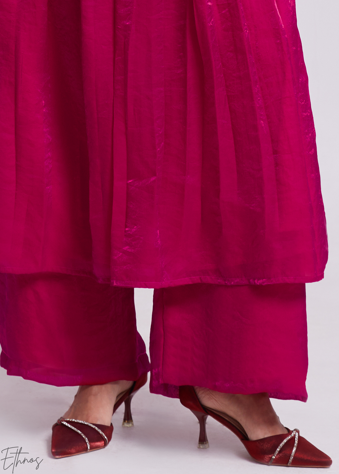 Magenta Pink Organza V-Neck Cape Sleeve Pant Suit Set